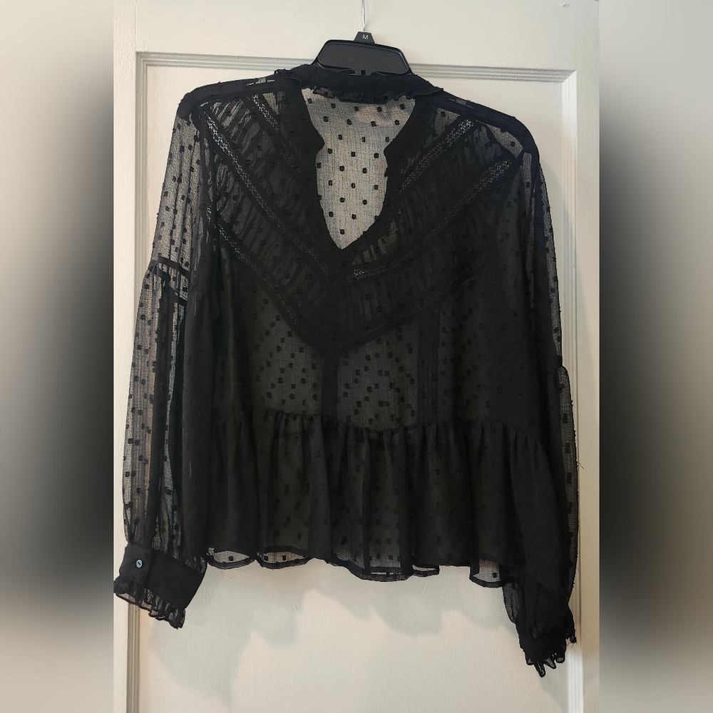 Zara Black Sheer Ruffled Blouse with Bib Collar